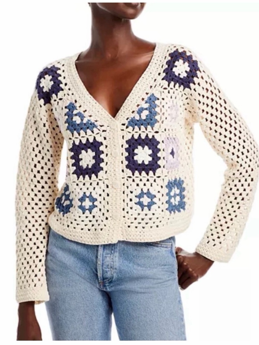 Bloomingdale’s Aqua Cream Crochet V-Neck Patchwork Cardigan Sweater
